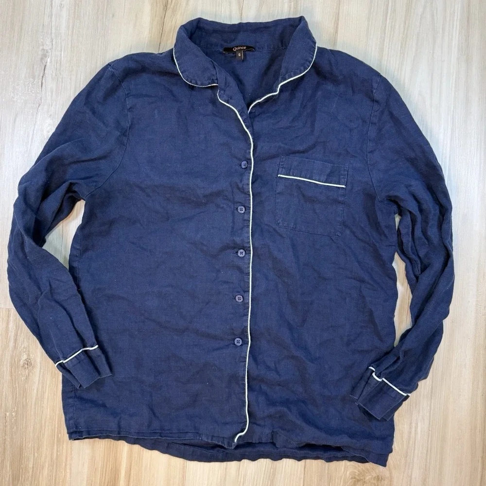 Quince Navy Blue White Piping 100% Linen Mens Small Long Sleeve Pajama Top
